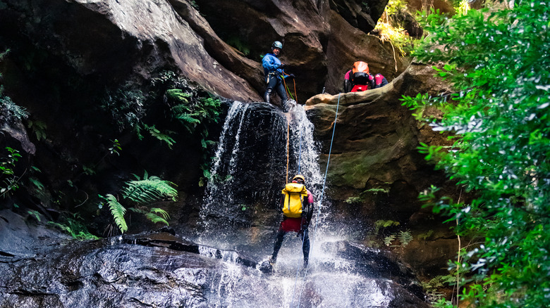 Personne descendant en rappel une cascade avec des guides.
