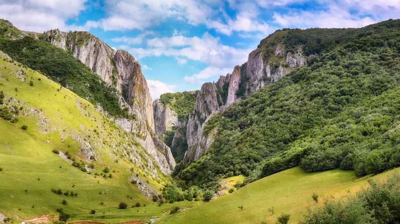 Gorges de Turda luxuriantes et vertes contre un ciel bleu et nuageux