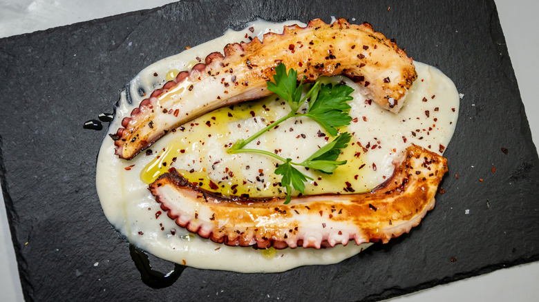 Plat de fruits de mer du sud de l'Espagne sur une sauce blanche dans une assiette