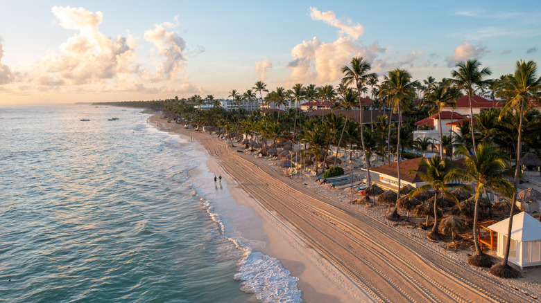 Palmiers et complexes par la côte à Punta Cana, République dominicaine
