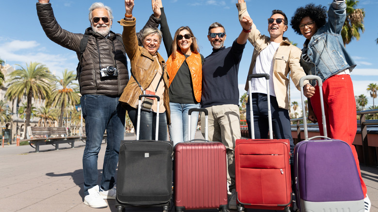 groupe de touristes avec des valises excitées de voyager