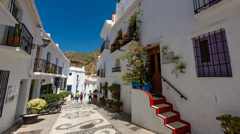 Une voie pittoresque à travers les bâtiments blancs de Frigiliana, en Espagne