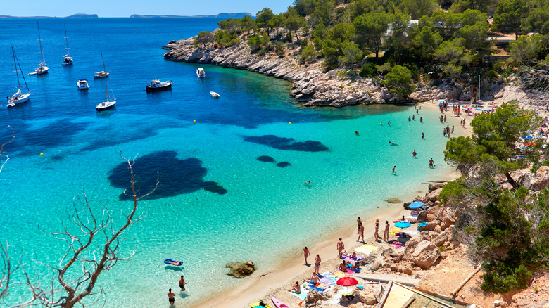 Blue Eau dans la Cala Saldeta Cove à Ibiza avec des yachts dans l'eau et des visiteurs en maillot de bain sur la plage