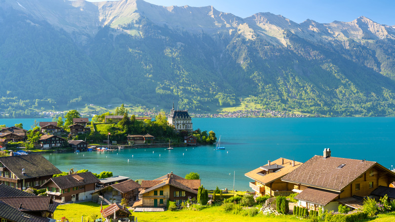 Une vue sur le lac Brienz, un village et les Alpes en Suisse
