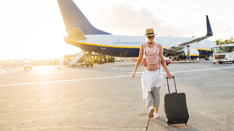 Le touriste se dirige vers l'avion sur Tarmac pendant la valise de cabine de roulement