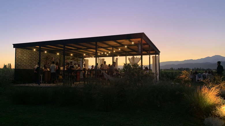 Des gens lors d'un événement à Viamonte Winery, un vignoble familial, à Mendoza, en Argentine, à Sunset