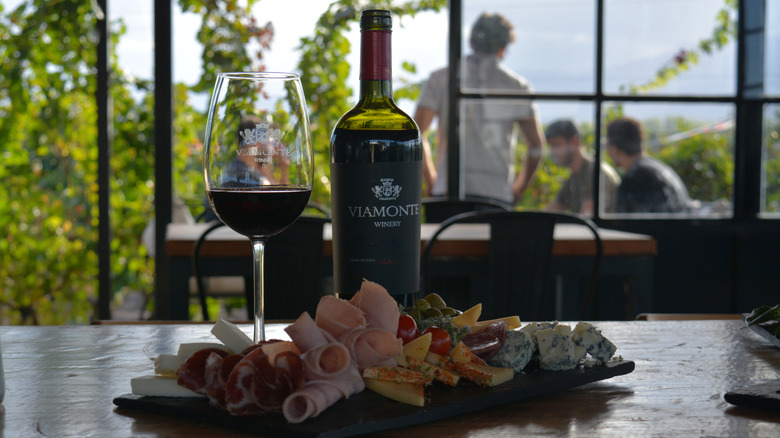 Une exposition de l'une des bouteilles de Viamonte, un verre de vin et une planche de charcuterie à Viamonte Winery, un vignoble familial, à Mendoza, en Argentine