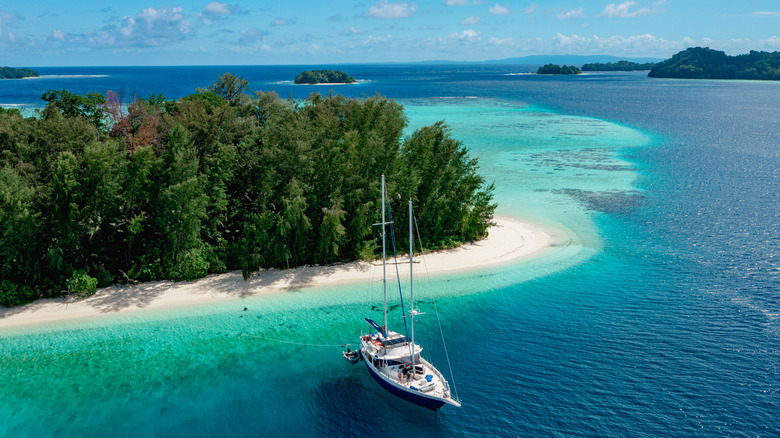 Vue aérienne d'un yacht amarré dans une baie des îles Salomon pendant la journée