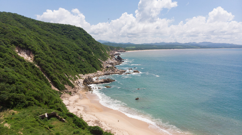 Des collines vertes et couvertes de jungle à la fin de Mayto Beach