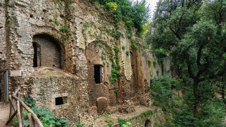 Ruines d'une ancienne villa à flanc de falaise à Villa Gregoriana à Tivoli