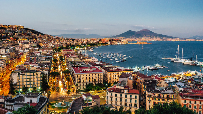 Paysage urbain de Naples avec des rues animées et une vue sur le port.
