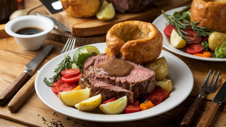 Dimanche plats rôtis plaqués sur une table avec des couverts