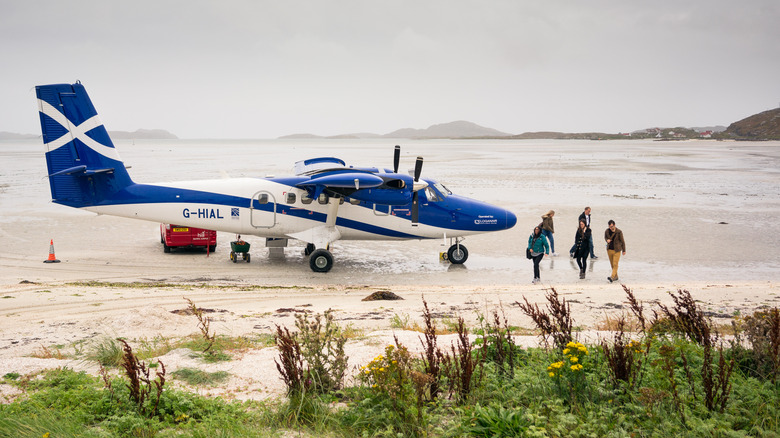 Passagers débarquant d'avion sur la plage