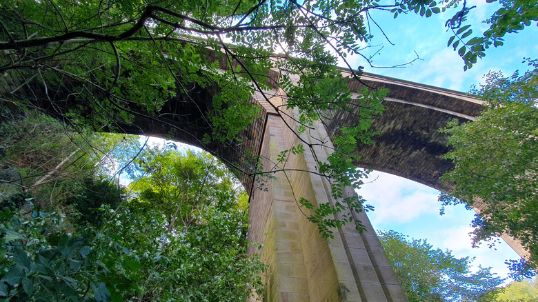 Le pont Dean en Écosse entouré de verdure