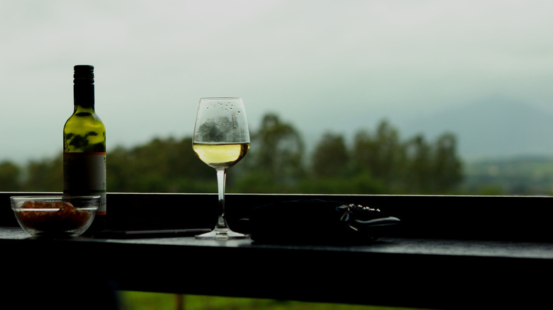 Verre de vin blanc avec montagne en arrière-plan
