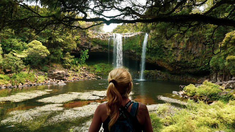 À l'arrière de la femme blonde regardant du point de vue de Rainbow Falls