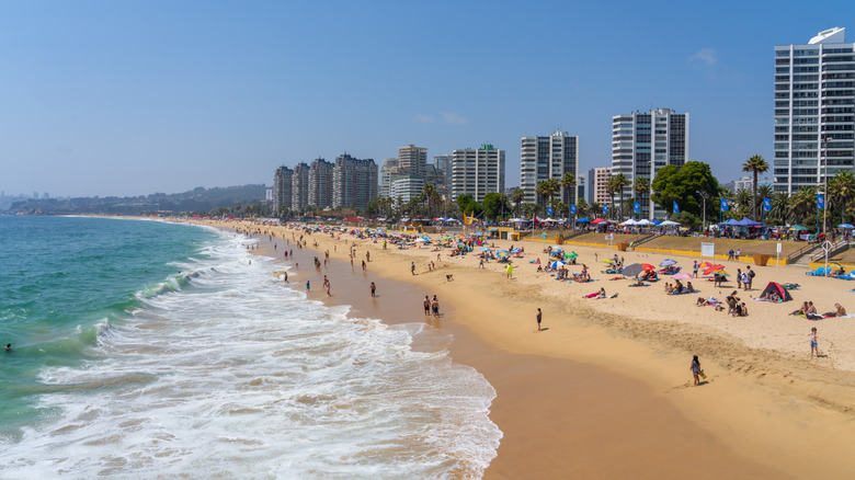 Une plage remplie de nageurs et de parapluies à Viña del Mar Chili
