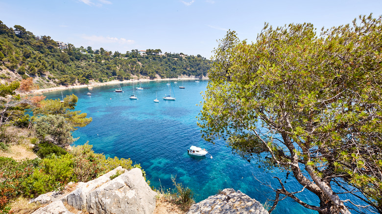 Méjean Beach, avec des bateaux et des arbustes méditerranéens