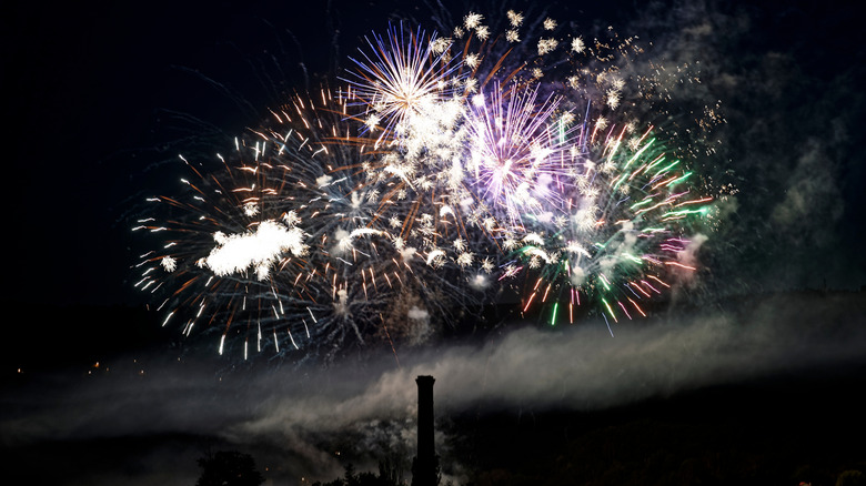 Des feux d'artifice éclatent dans le ciel au-dessus de Le Puyr-en-Vellay la nuit