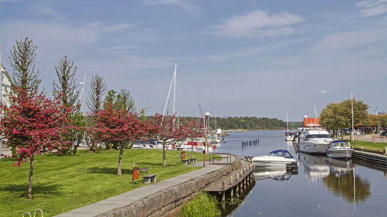 Arbres et bateaux par la marina à Åmål