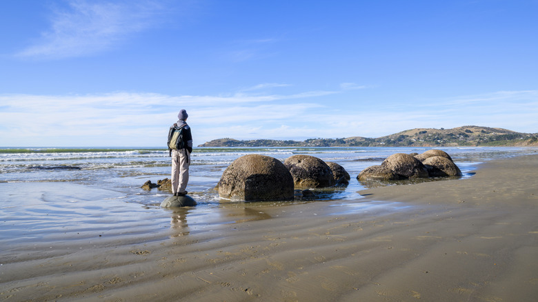 Homme debout sur Moeraki Boulder, regardant la vue.