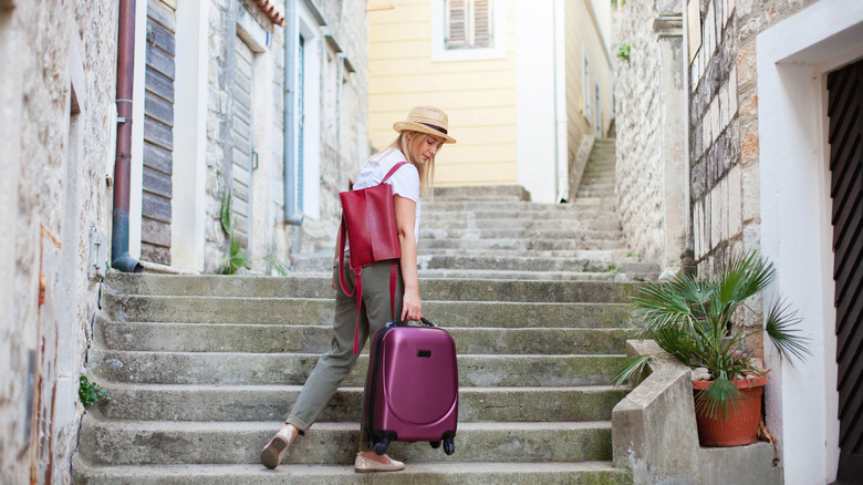 Personne portant une valise à rouleaux dans les escaliers