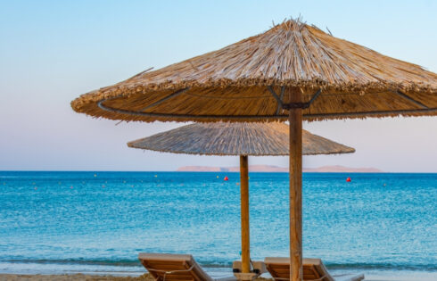 Une étendue de sable rêveuse mieux connue sous le nom de «Palm Beach» de la Grèce est un paradis caché d'eau turquoise