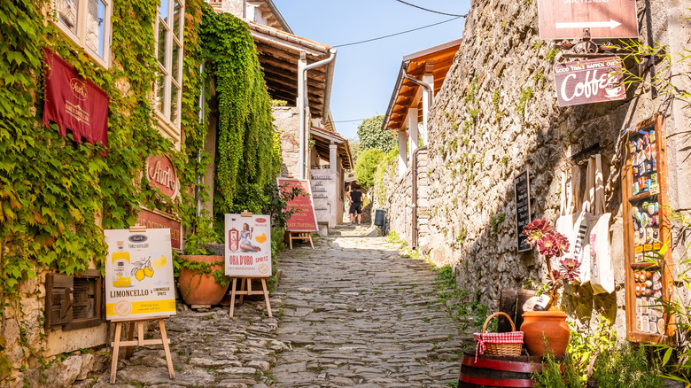 Vines Overgrow Shops and Cafes sur une rue étroite en pierre