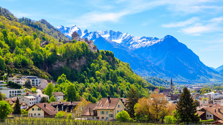 Château sur la colline au-dessus de la ville, entouré d'arbres et de montagnes