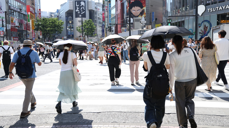 Les gens bravent la chaleur avec des parapluies à Tokyo