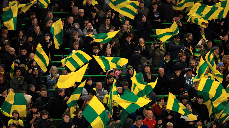 Fans de football de Norwich dans le stade affichant des drapeaux jaunes et verts