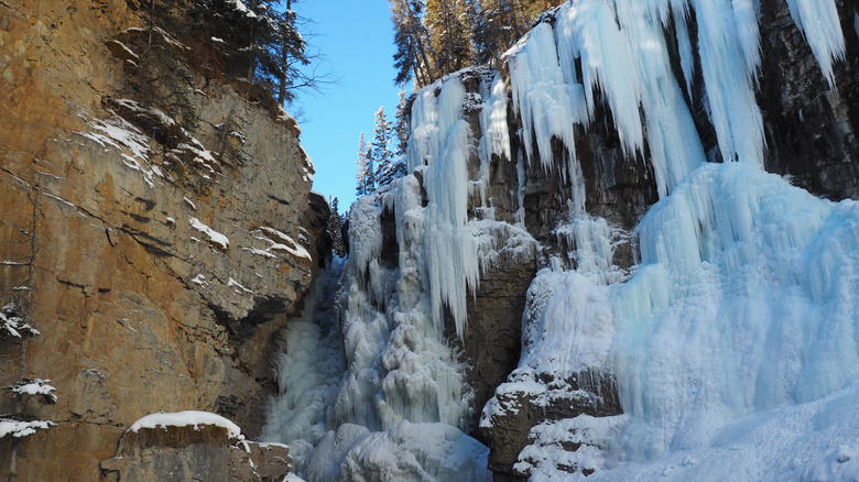 Cascade gelée et formations de glace à Upper Falls dans le canyon Johnston