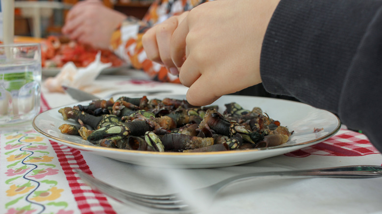 Balanes sur une assiette avec les mains d'une personne sur la photo