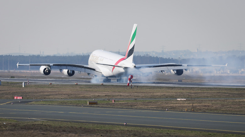 Un avion d'Emirates atterrissant à l'aéroport international de Dubaï en provenance d'Allemagne, l'un des premiers vols après la fermeture de l'aéroport.