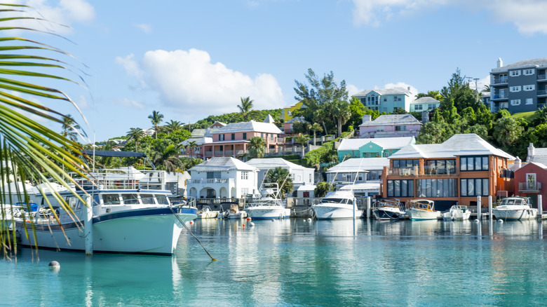Des yachts sont installés sur les quais sous les maisons côtières des Bermudes