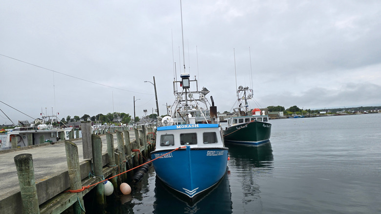 Un bateau amarré dans le port de Lockeport par temps nuageux