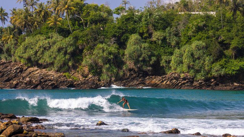 Des surfeurs chevauchent les vagues le long de la plage d'Hiriketiya, entourée de forêt tropicale