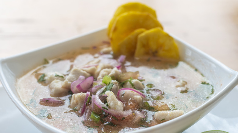 Ceviche de poisson équatorien traditionnel servi frais dans un bol avec chips de plantain, oignon et épices