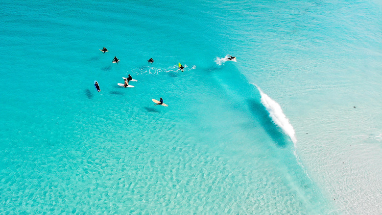 Surfeurs dans une eau turquoise cristalline à Wharton Beach, Australie occidentale