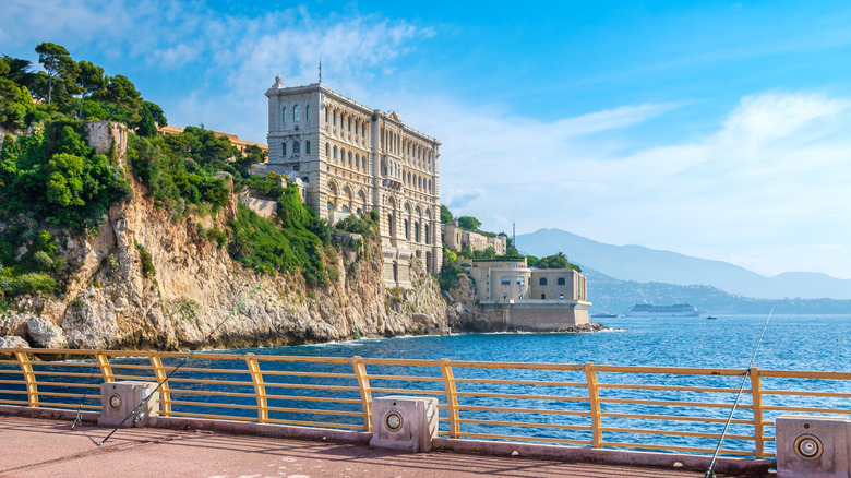 Le Musée océanographique de Monaco, encastré dans la falaise, vu depuis une passerelle traversant l'eau