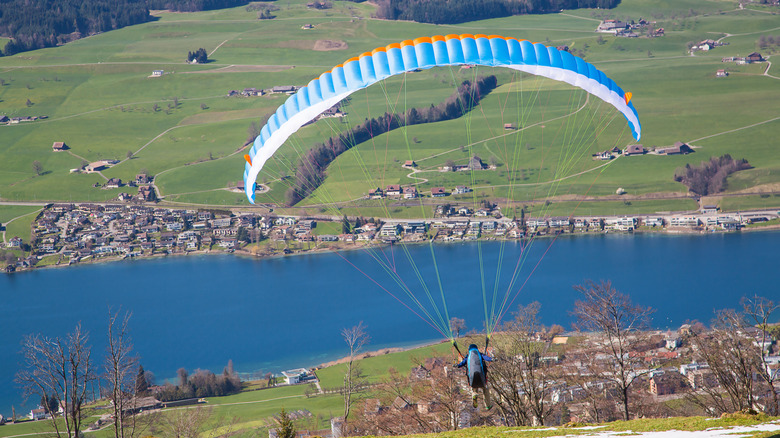 Vue arrière d'un parapente surplombant les lacs, les champs et les maisons de Zurich