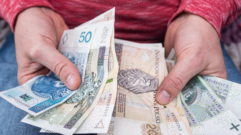 Gros plan d'une paire de mains tenant des billets de banque en zloty polonais