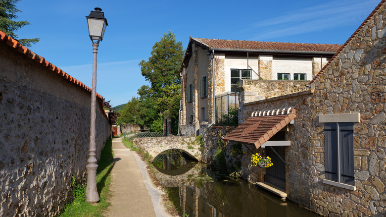 Cana avec pont de pierre et maisons à Chevreuse, France