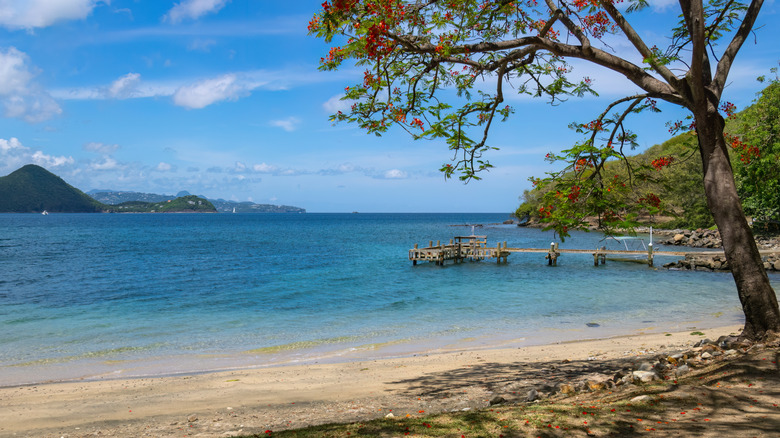 Petite plage et jetée sur Pigeon Island, Sainte-Lucie