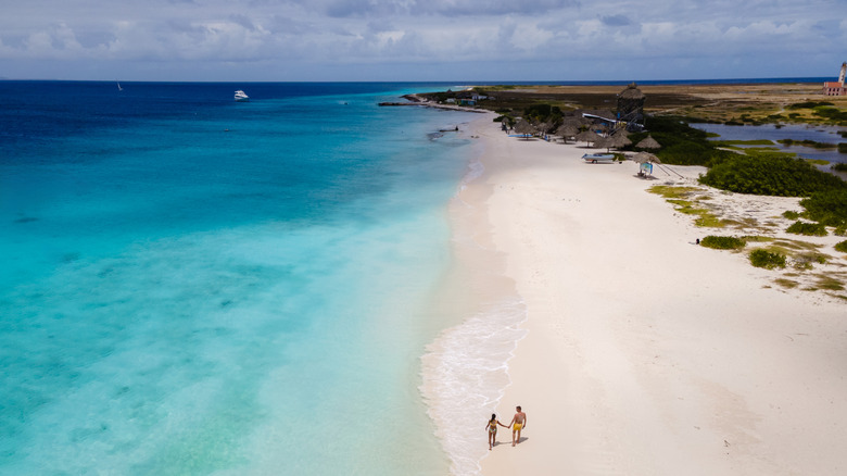 Une étendue de sable blanc et une mer bleu pâle sur une île isolée de Curaçao
