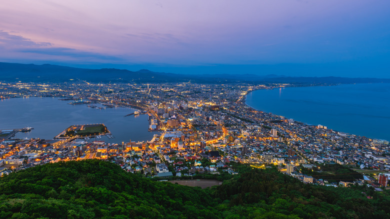 Vue en soirée depuis le sommet du mont Hakodate sur les lumières de la ville en contrebas